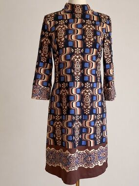 J.McLaughlin Geometric Mock Neck Shift Dress Blue Brown Stretch Size S
